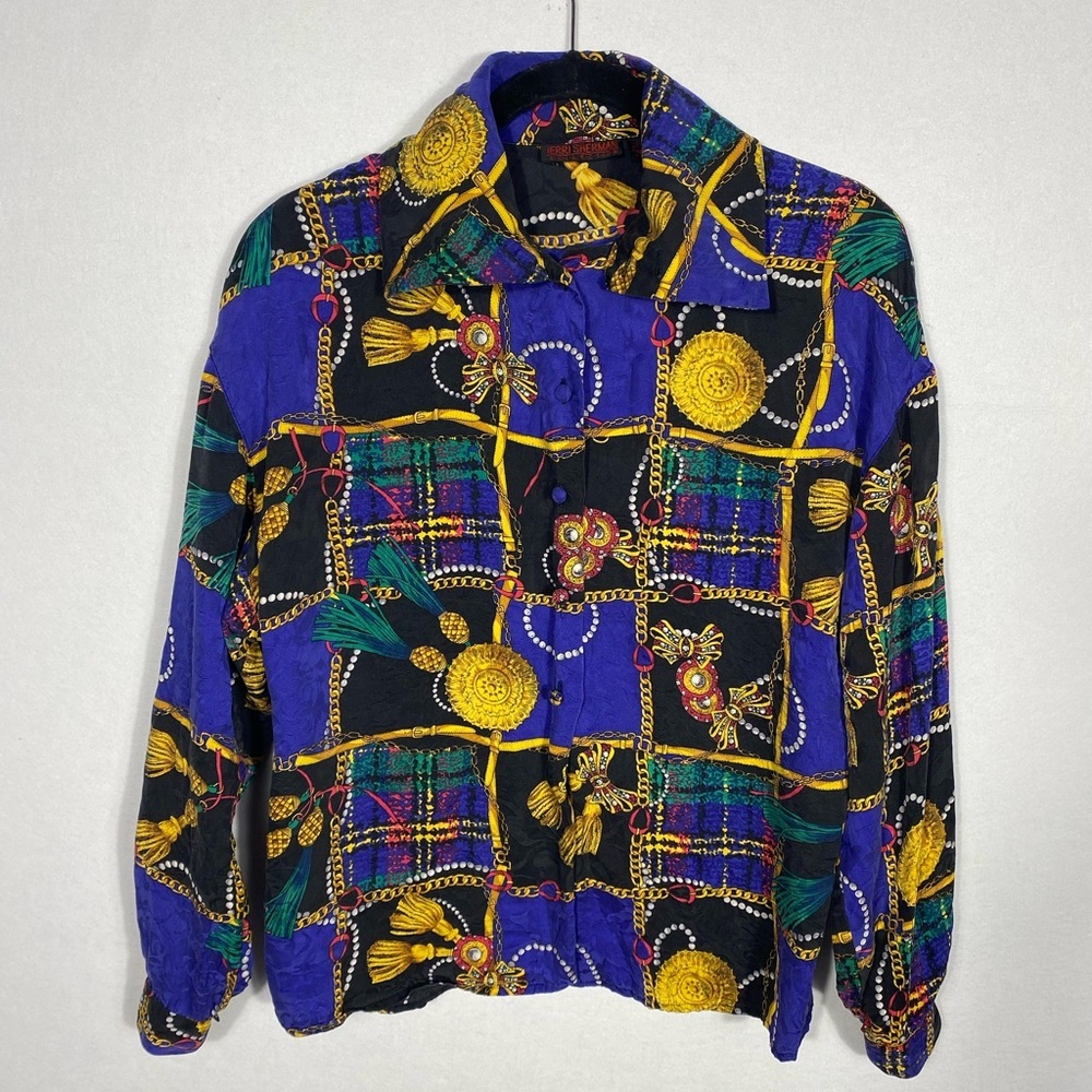 Printed Long-Sleeve Button-Up Blouse in Black & Purple